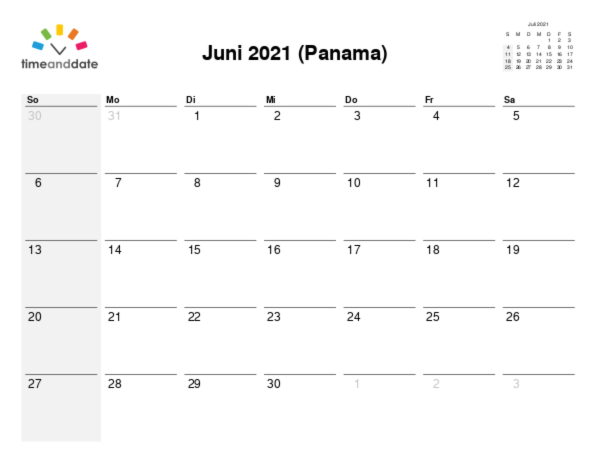 Kalender für 2021 in Panama