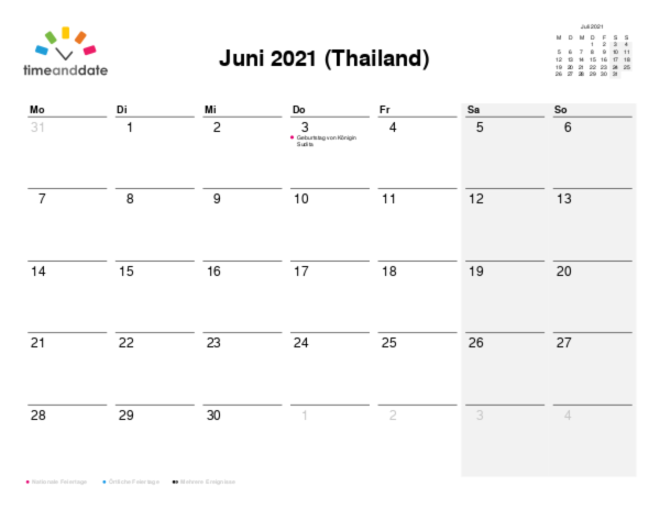 Kalender für 2021 in Thailand