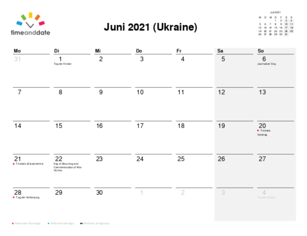 Kalender für 2021 in Ukraine