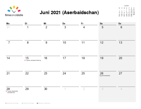Kalender für 2021 in Aserbaidschan