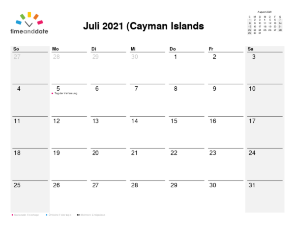 Kalender für 2021 in Cayman Islands (Kaimaninseln)