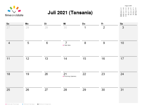 Kalender für 2021 in Tansania