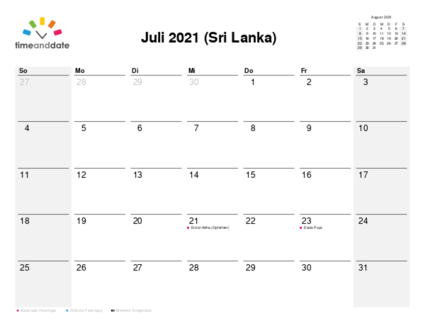 Kalender für 2021 in Sri Lanka