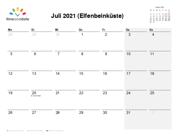 Kalender für 2021 in Elfenbeinküste