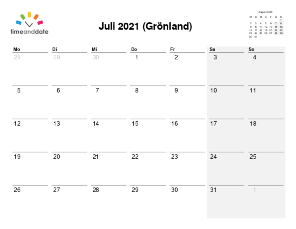 Kalender für 2021 in Grönland