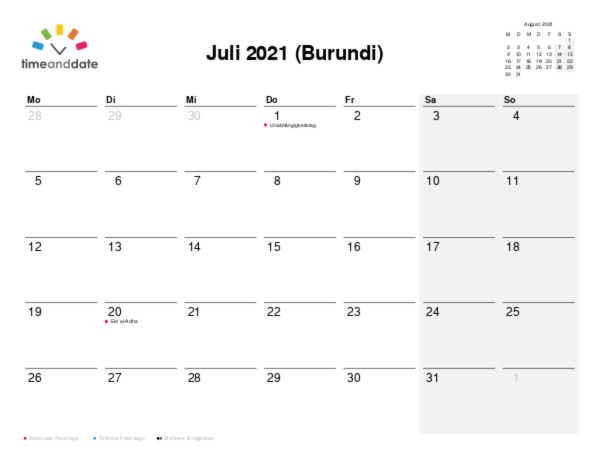 Kalender für 2021 in Burundi