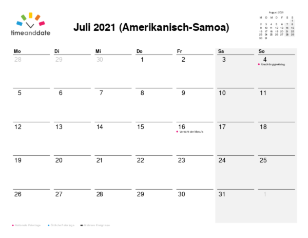 Kalender für 2021 in Amerikanisch-Samoa