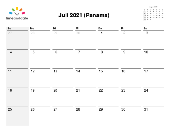 Kalender für 2021 in Panama