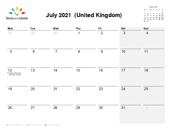 Kalender für 2021 in Großbritannien
