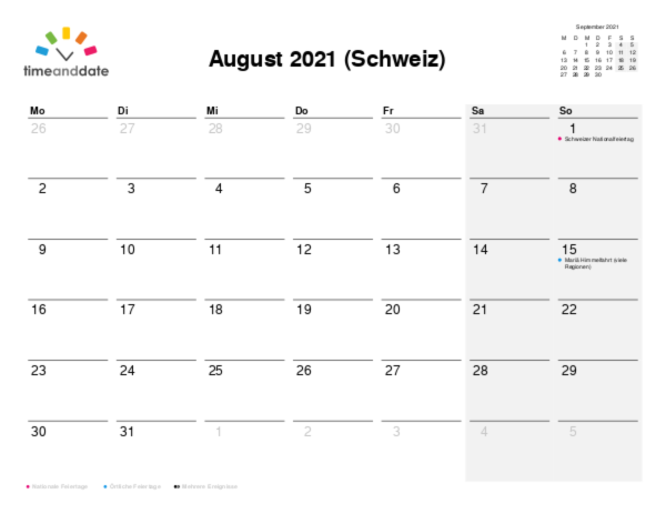 Kalender für 2021 in Schweiz