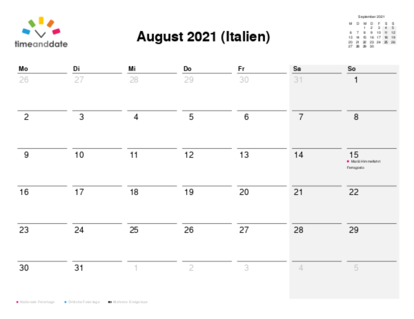 Kalender für 2021 in Italien