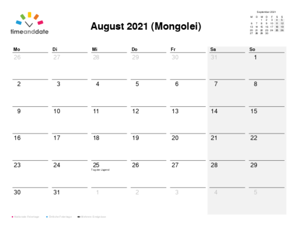 Kalender für 2021 in Mongolei