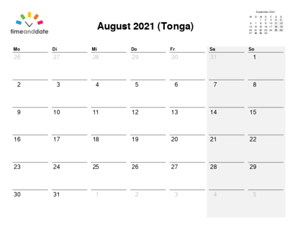 Kalender für 2021 in Tonga