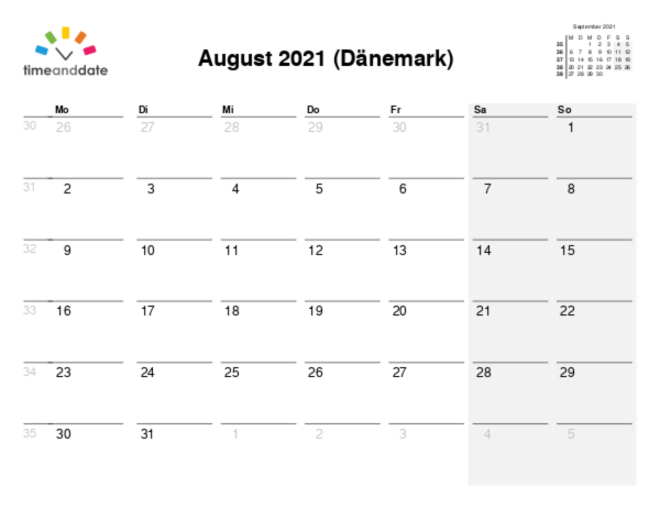 Kalender für 2021 in Dänemark