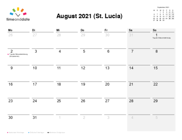 Kalender für 2021 in St. Lucia
