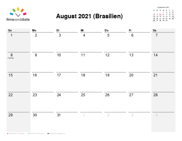 Kalender für 2021 in Brasilien