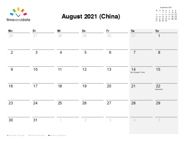 Kalender für 2021 in China
