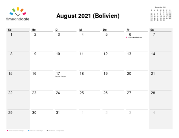 Kalender für 2021 in Bolivien