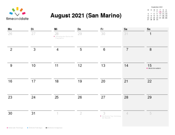 Kalender für 2021 in San Marino