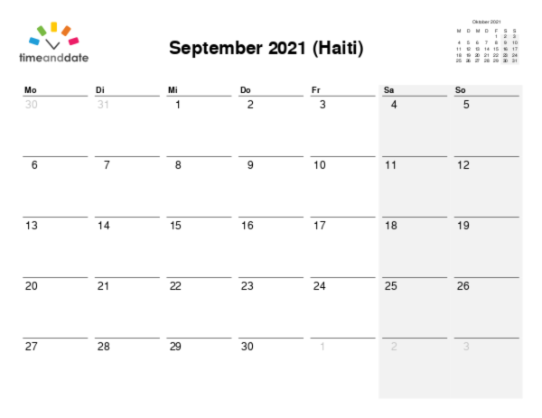 Kalender für 2021 in Haiti