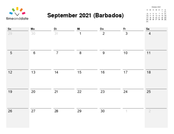 Kalender für 2021 in Barbados