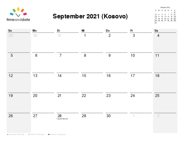Kalender für 2021 in Kosovo