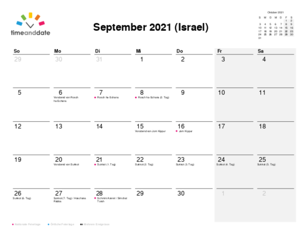 Kalender für 2021 in Israel