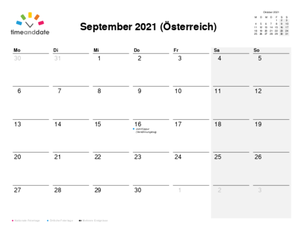 Kalender für 2021 in Österreich