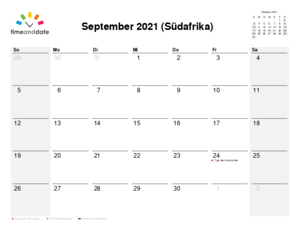 Kalender für 2021 in Südafrika