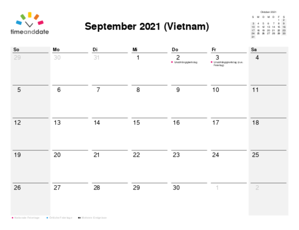 Kalender für 2021 in Vietnam
