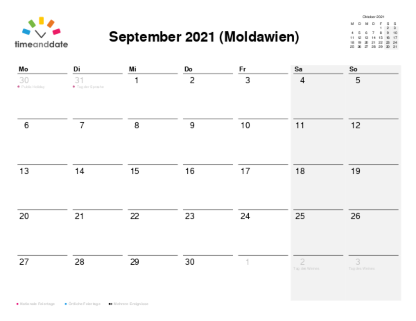 Kalender für 2021 in Moldawien