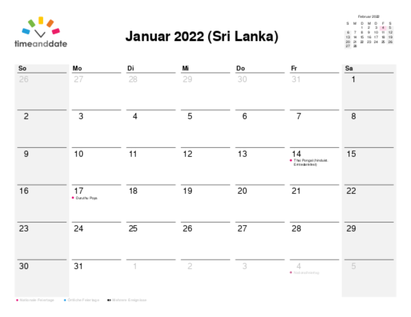 Kalender für 2022 in Sri Lanka