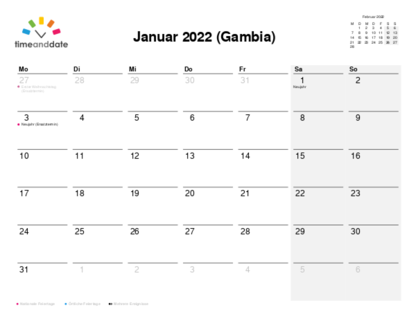 Kalender für 2022 in Gambia
