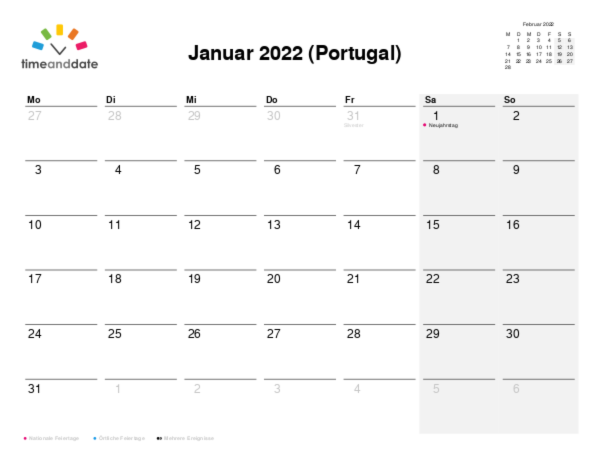Kalender für 2022 in Portugal