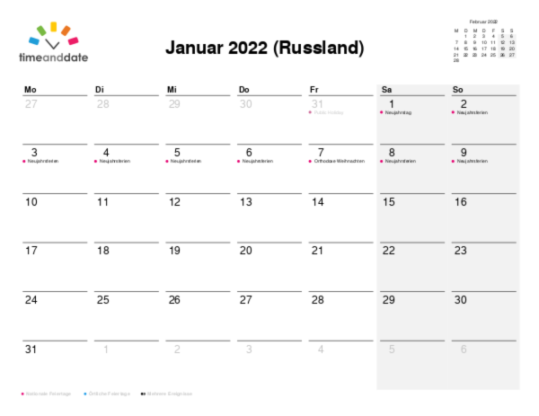 Kalender für 2022 in Russland