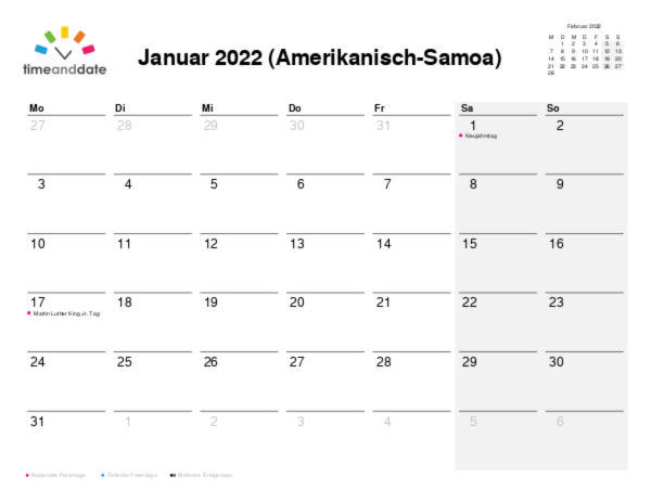Kalender für 2022 in Amerikanisch-Samoa