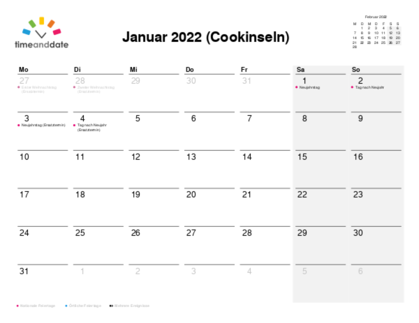 Kalender für 2022 in Cookinseln