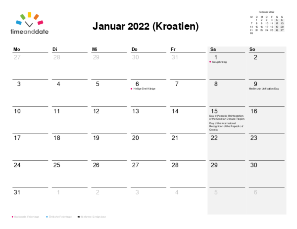 Kalender für 2022 in Kroatien