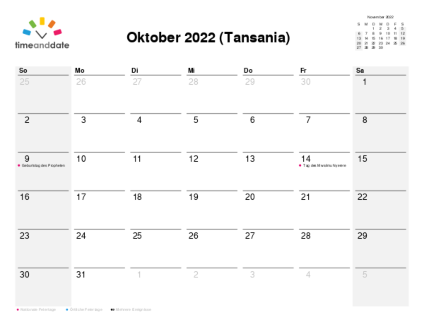 Kalender für 2022 in Tansania