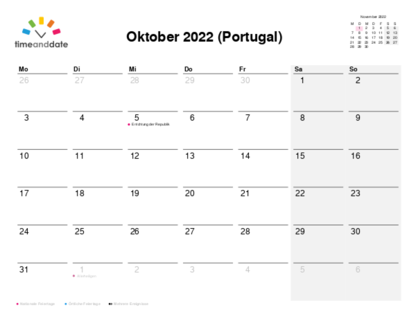 Kalender für 2022 in Portugal