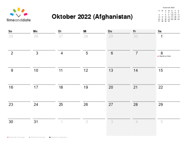 Kalender für 2022 in Afghanistan