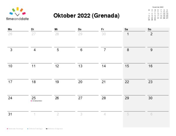 Kalender für 2022 in Grenada