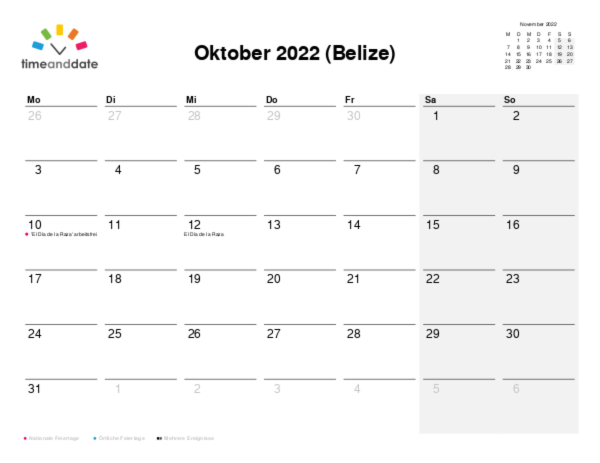 Kalender für 2022 in Belize