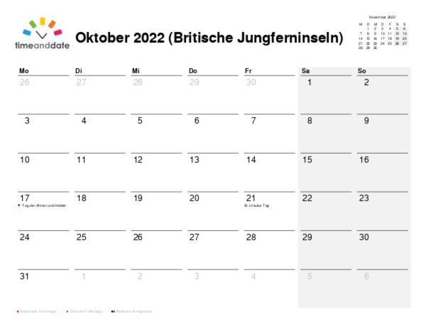 Kalender für 2022 in Britische Jungferninseln