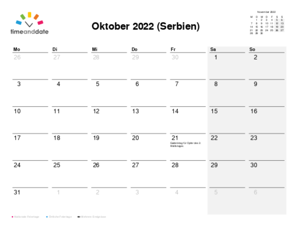 Kalender für 2022 in Serbien