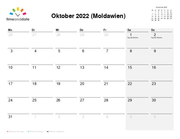 Kalender für 2022 in Moldawien