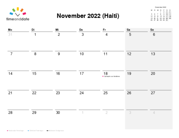 Kalender für 2022 in Haiti