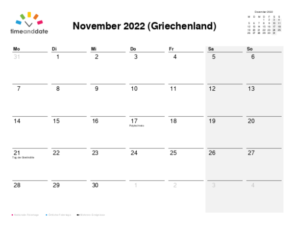 Kalender für 2022 in Griechenland