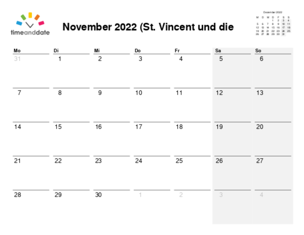 Kalender für 2022 in St. Vincent und die Grenadinen