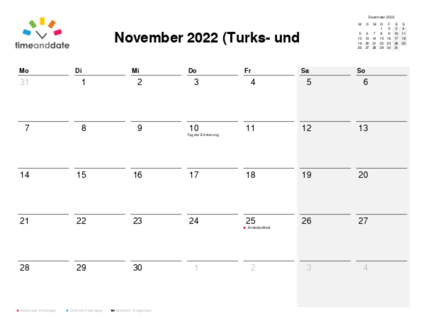 Kalender für 2022 in Turks- und Caicosinseln